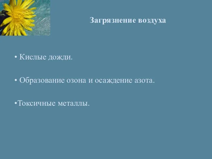 Загрязнение воздуха • Кислые дожди. • Образование озона и осаждение азота. •Токсичные металлы.