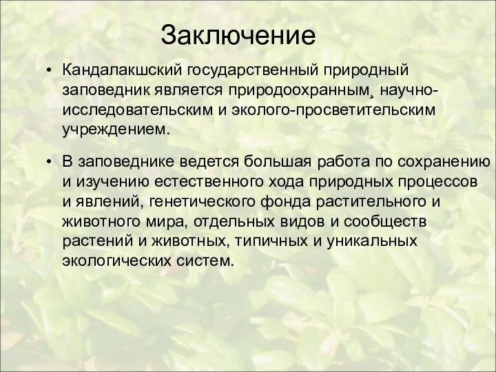 Заключение Кандалакшский государственный природный заповедник является природоохранным¸ научно-исследовательским и эколого-просветительским учреждением.