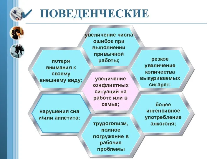 ПОВЕДЕНЧЕСКИЕ увеличение числа ошибок при выполнении привычной работы; потеря внимания к