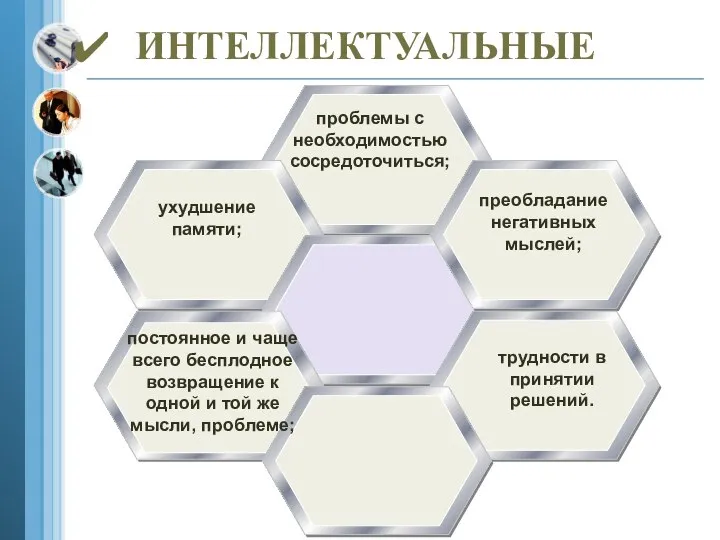 ИНТЕЛЛЕКТУАЛЬНЫЕ проблемы с необходимостью сосредоточиться; ухудшение памяти; постоянное и чаще всего