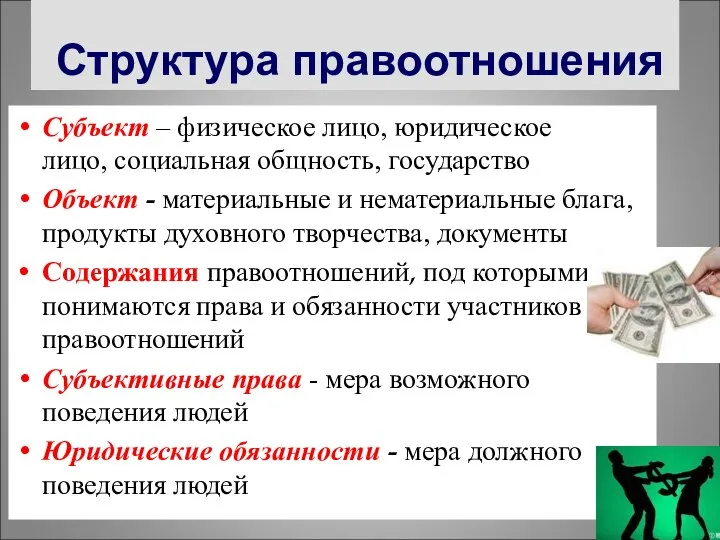 Субъект – физическое лицо, юридическое лицо, социальная общность, государство Объект -