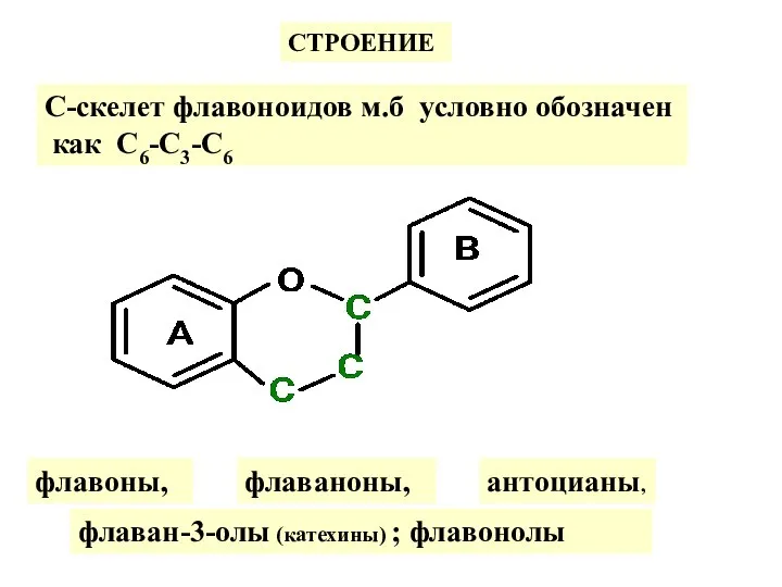 СТРОЕНИЕ С-скелет флавоноидов м.б условно обозначен как С6-С3-С6 флавоны, флаваноны, антоцианы, флаван-3-олы (катехины) ; флавонолы