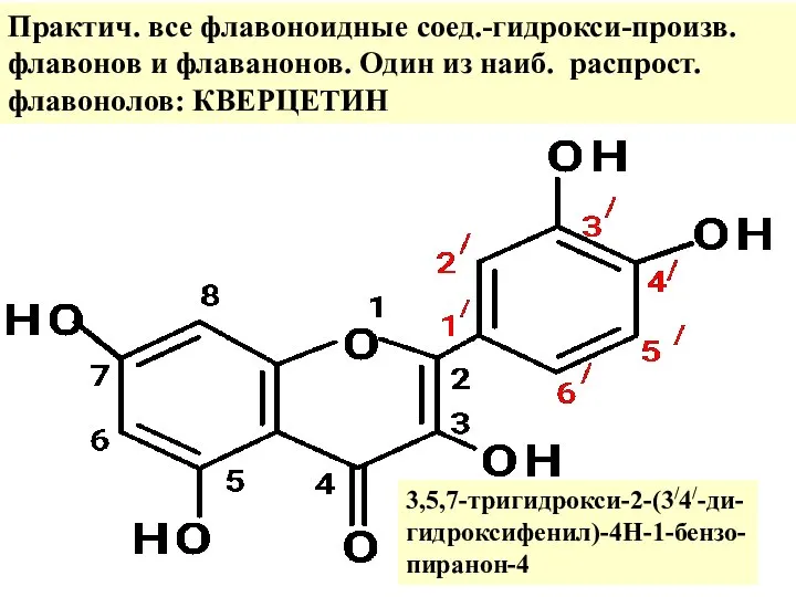 Практич. все флавоноидные соед.-гидрокси-произв. флавонов и флаванонов. Один из наиб. распрост. флавонолов: КВЕРЦЕТИН 3,5,7-тригидрокси-2-(3/4/-ди- гидроксифенил)-4Н-1-бензо- пиранон-4