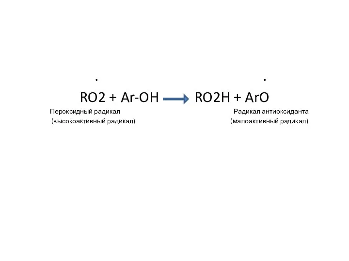 . . RO2 + Ar-OH RO2H + ArO Пероксидный радикал Радикал антиоксиданта (высокоактивный радикал) (малоактивный радикал)