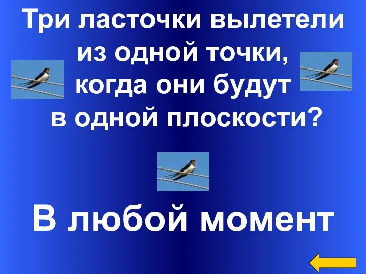 Три ласточки вылетели из одной точки, когда они будут в одной плоскости? В любой момент