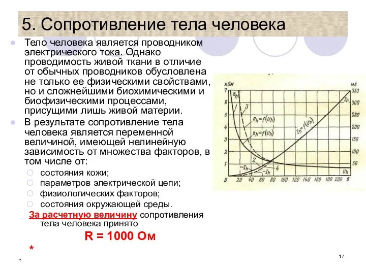 * 5. Сопротивление тела человека Тело человека является проводником электрического тока.