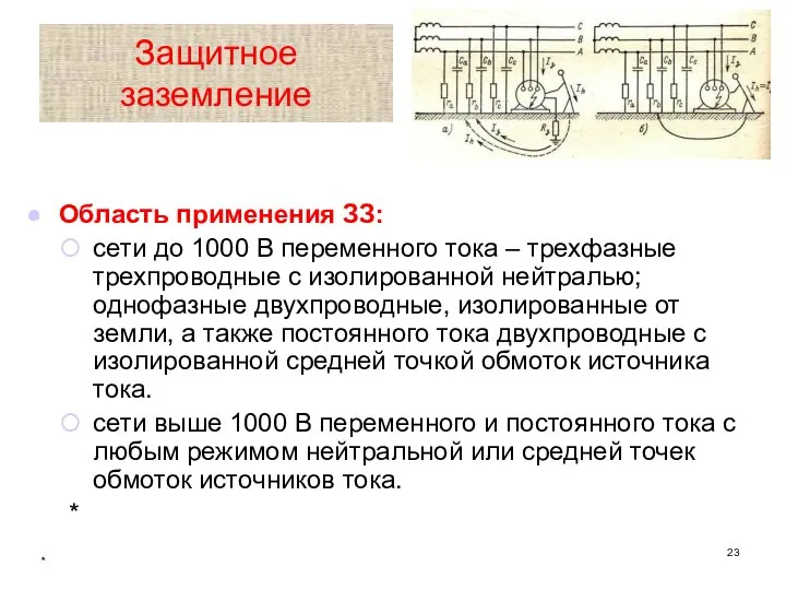 * Защитное заземление Область применения ЗЗ: сети до 1000 В переменного