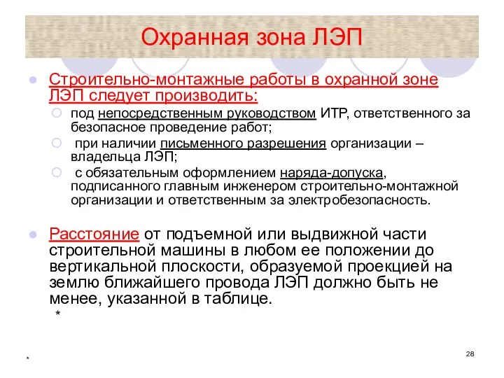 * Охранная зона ЛЭП Строительно-монтажные работы в охранной зоне ЛЭП следует