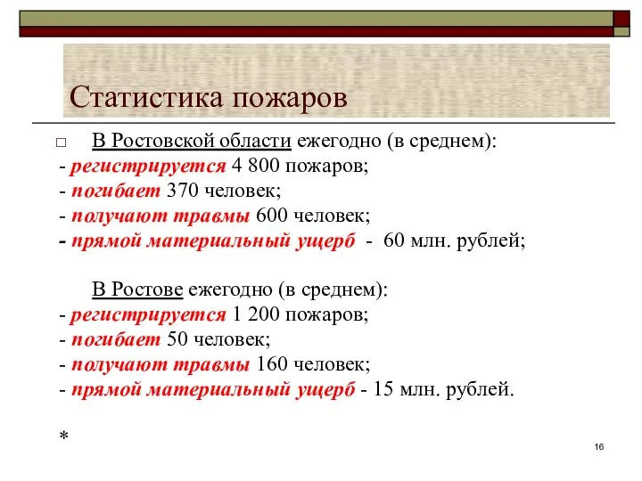 Статистика пожаров В Ростовской области ежегодно (в среднем): - регистрируется 4