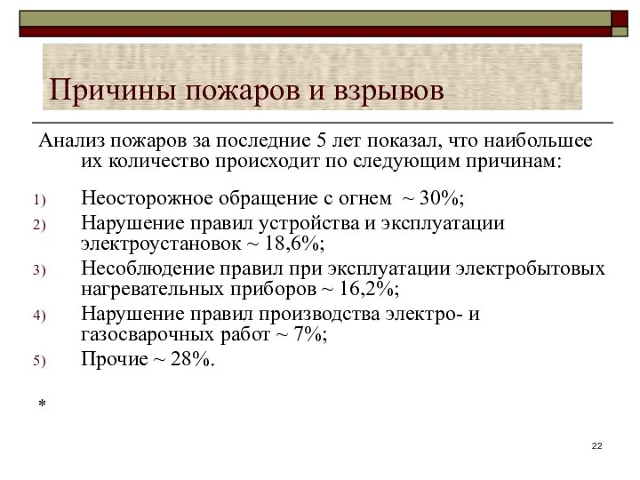 Причины пожаров и взрывов Анализ пожаров за последние 5 лет показал,