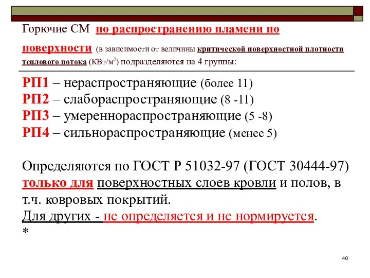 Горючие СМ по распространению пламени по поверхности (в зависимости от величины