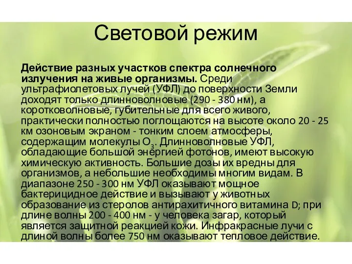 Световой режим Действие разных участков спектра солнечного излучения на живые организмы.