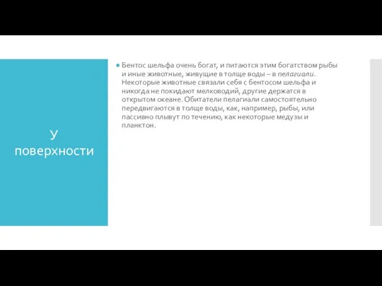 У поверхности Бентос шельфа очень богат, и питаются этим богатством рыбы