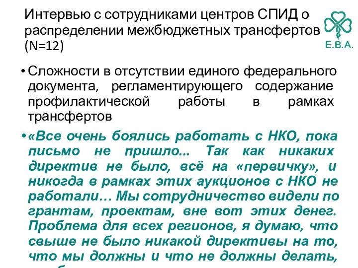 Интервью с сотрудниками центров СПИД о распределении межбюджетных трансфертов (N=12) Сложности