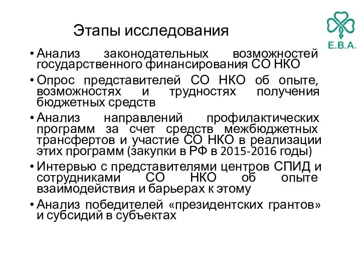 Этапы исследования Анализ законодательных возможностей государственного финансирования СО НКО Опрос представителей