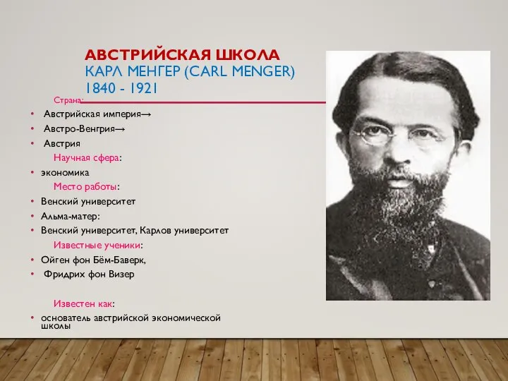 АВСТРИЙСКАЯ ШКОЛА КАРЛ МЕНГЕР (CARL MENGER) 1840 - 1921 Страна: Австрийская