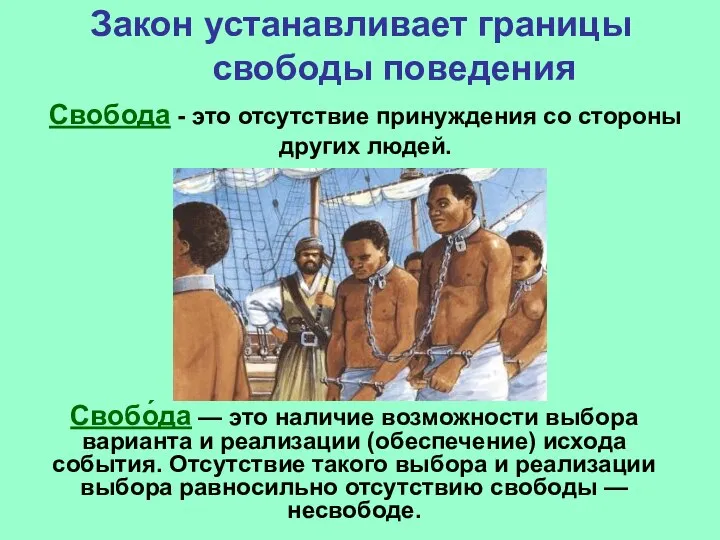 Закон устанавливает границы свободы поведения Свобода - это отсутствие принуждения со