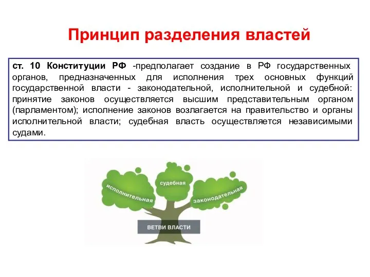 Принцип разделения властей ст. 10 Конституции РФ -предполагает создание в РФ