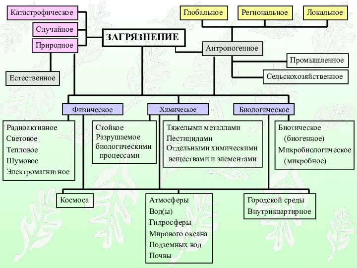 ЗАГРЯЗНЕНИЕ Катастрофическое Случайное Природное Естественное Локальное Региональное Глобальное Антропогенное Промышленное Сельскохозяйственное