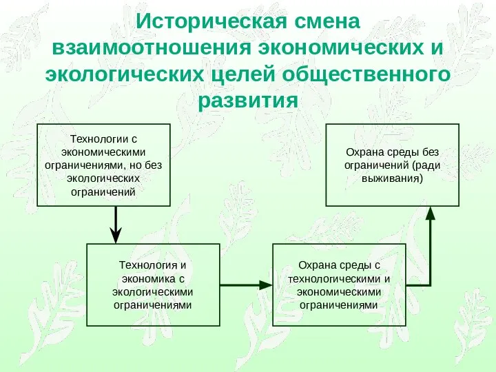 Историческая смена взаимоотношения экономических и экологических целей общественного развития Технологии с