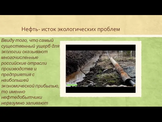 Нефть- исток экологических проблем Ввиду того, что самый существенный ущерб для