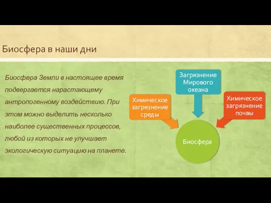 Биосфера Земли в настоящее время подвергается нарастающему антропогенному воздействию. При этом