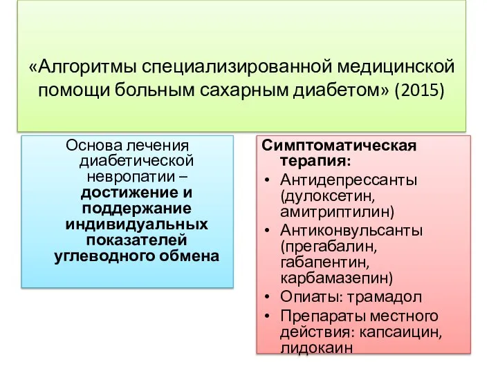 «Алгоритмы специализированной медицинской помощи больным сахарным диабетом» (2015) Основа лечения диабетической