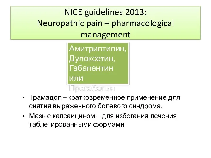 NICE guidelines 2013: Neuropathic pain – pharmacological management Трамадол – кратковременное