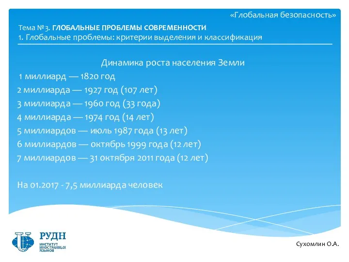 «Глобальная безопасность» Динамика роста населения Земли 1 миллиард — 1820 год