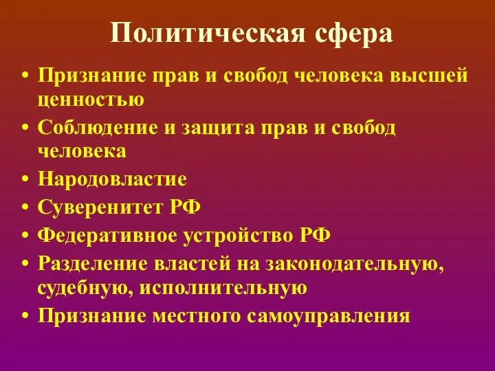 Политическая сфера Признание прав и свобод человека высшей ценностью Соблюдение и