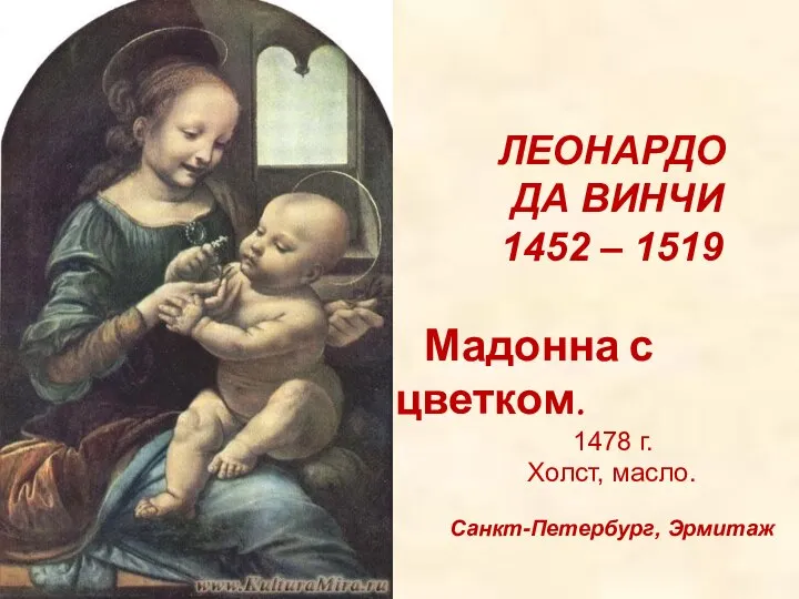 ЛЕОНАРДО ДА ВИНЧИ 1452 – 1519 Мадонна с цветком. 1478 г. Холст, масло. Санкт-Петербург, Эрмитаж