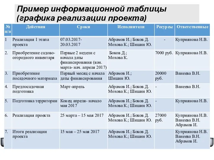 Пример информационной таблицы (графика реализации проекта)