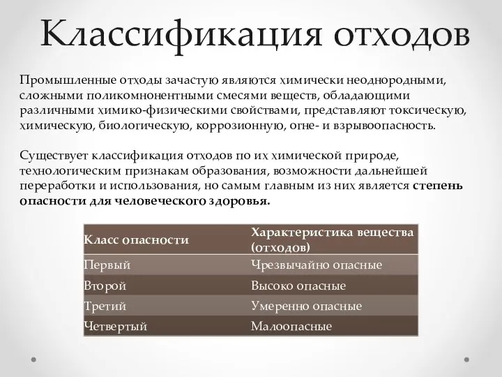 Классификация отходов Промышленные отходы зачастую являются химически неоднородными, сложными поликомнонентными смесями