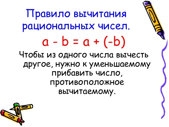 Правило вычитания рациональных чисел. a - b = a + (-b)