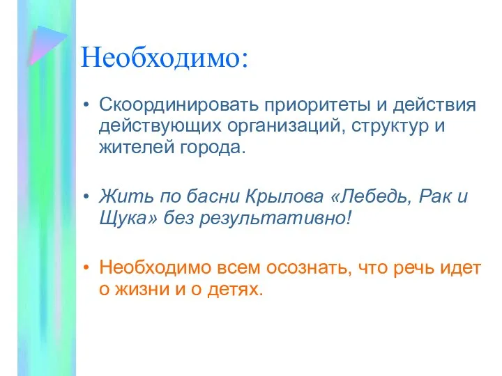 Необходимо: Скоординировать приоритеты и действия действующих организаций, структур и жителей города.