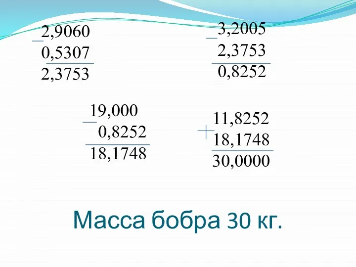 Масса бобра 30 кг. 19,000 0,8252 18,1748 2,9060 0,5307 2,3753 3,2005 2,3753 0,8252 11,8252 18,1748 30,0000