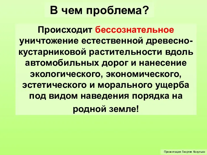 В чем проблема? Происходит бессознательное уничтожение естественной древесно-кустарниковой растительности вдоль автомобильных