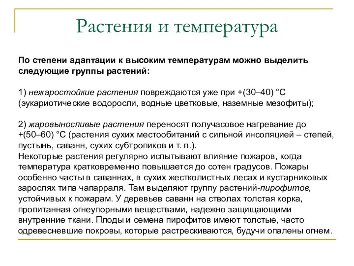 Растения и температура По степени адаптации к высоким температурам можно выделить