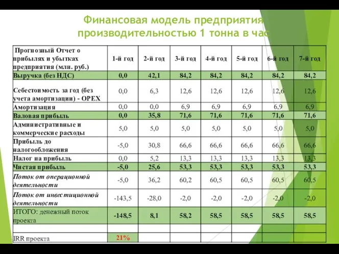 Финансовая модель предприятия производительностью 1 тонна в час