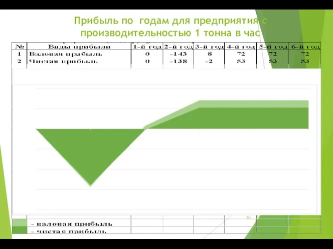 Прибыль по годам для предприятия с производительностью 1 тонна в час