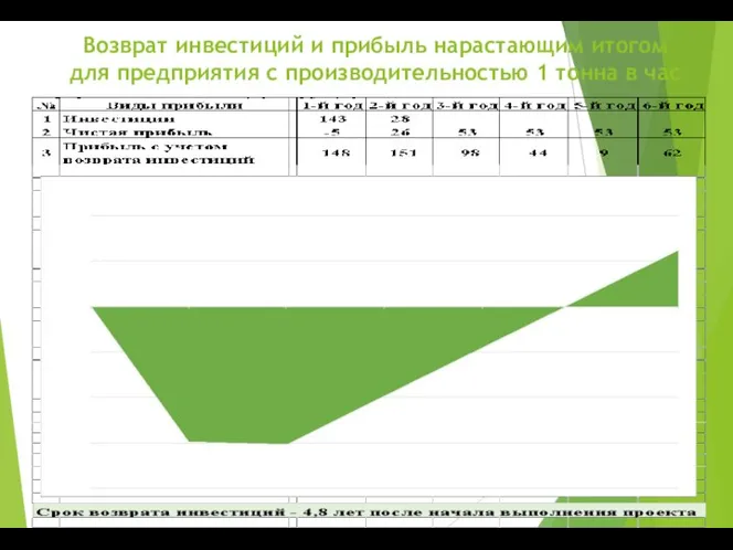 Возврат инвестиций и прибыль нарастающим итогом для предприятия с производительностью 1 тонна в час