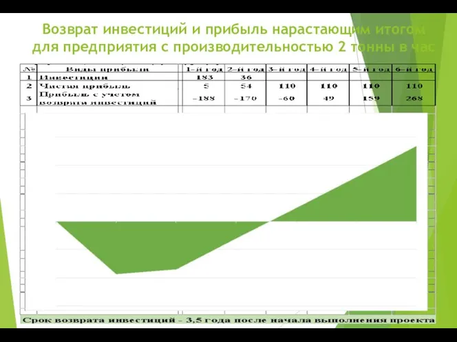 Возврат инвестиций и прибыль нарастающим итогом для предприятия с производительностью 2 тонны в час