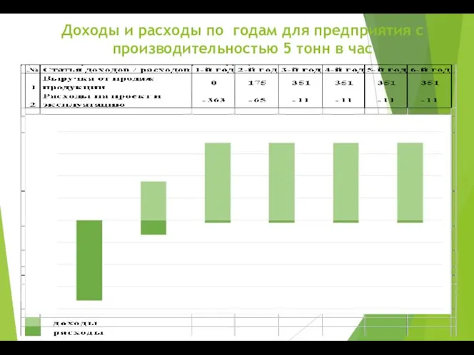 Доходы и расходы по годам для предприятия с производительностью 5 тонн в час