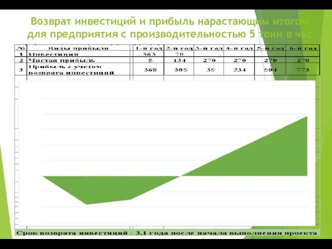 Возврат инвестиций и прибыль нарастающим итогом для предприятия с производительностью 5 тонн в час