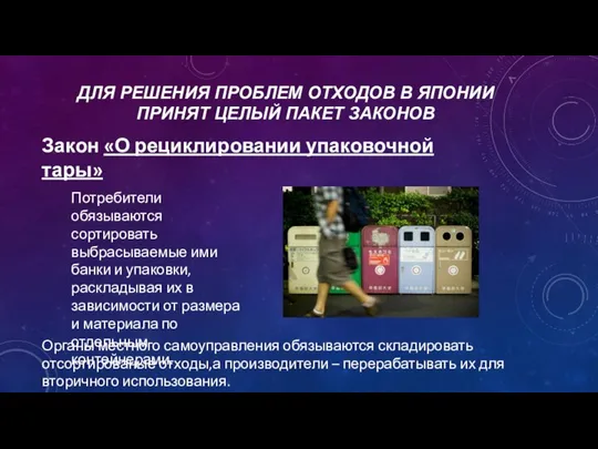 Закон «О рециклировании упаковочной тары» ДЛЯ РЕШЕНИЯ ПРОБЛЕМ ОТХОДОВ В ЯПОНИИ