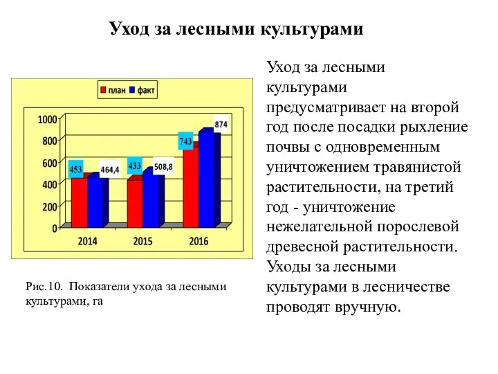 Уход за лесными культурами Рис.10. Показатели ухода за лесными культурами, га