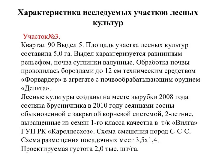 Характеристика исследуемых участков лесных культур Участок№3. Квартал 90 Выдел 5. Площадь