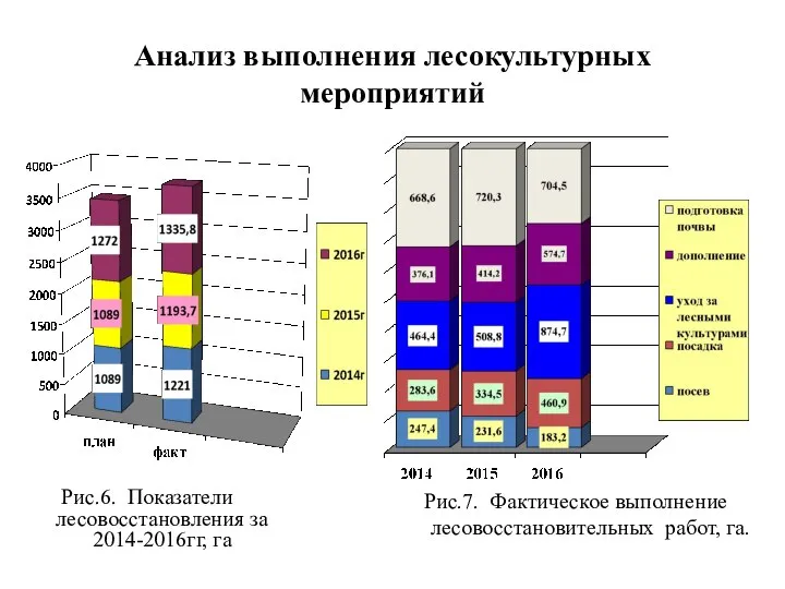 Анализ выполнения лесокультурных мероприятий Рис.7. Фактическое выполнение лесовосстановительных работ, га. Рис.6. Показатели лесовосстановления за 2014-2016гг, га