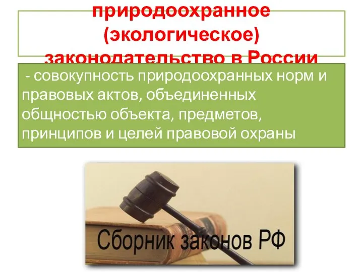 природоохранное (экологическое) законодательство в России - совокупность природоохранных норм и правовых