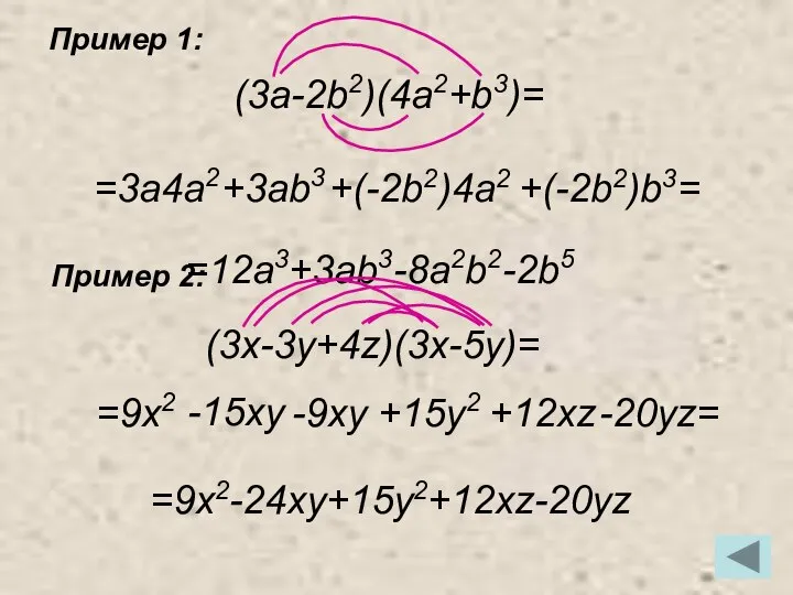 Пример 1: Пример 2: =3a4a2 +3ab3 +(-2b2)4a2 +(-2b2)b3= (3a-2b2)(4a2+b3)= =12a3+3ab3-8a2b2-2b5 (3x-3y+4z)(3x-5y)=